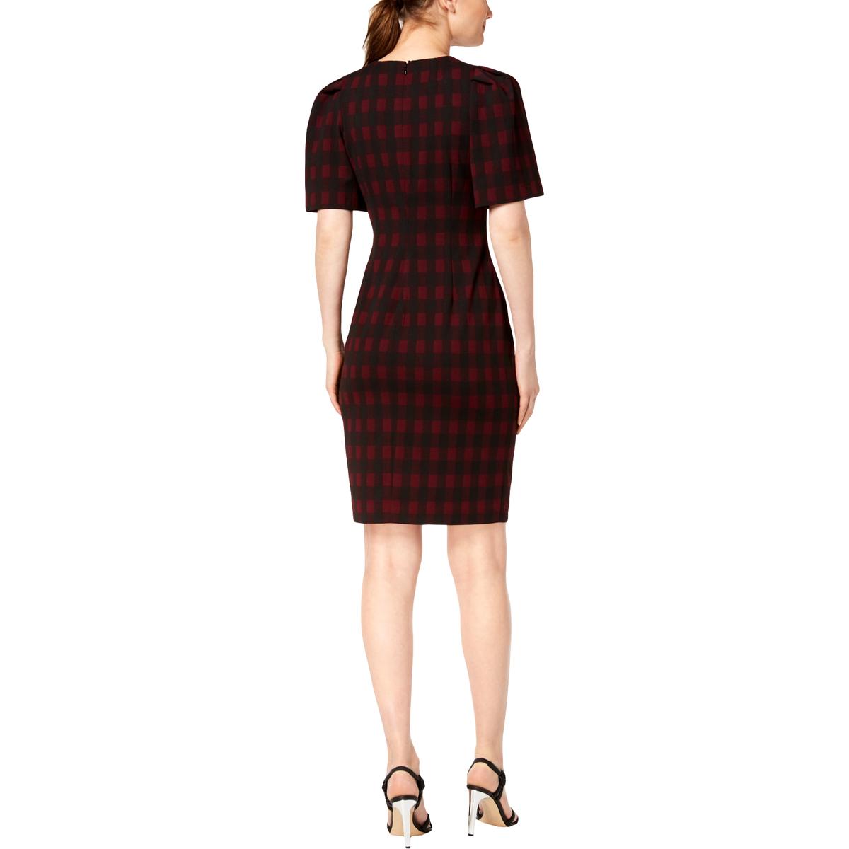 Calvin Klein Womens Red Checkered Puff Sleeves Sheath Dress 12 BHFO 4391 | eBay