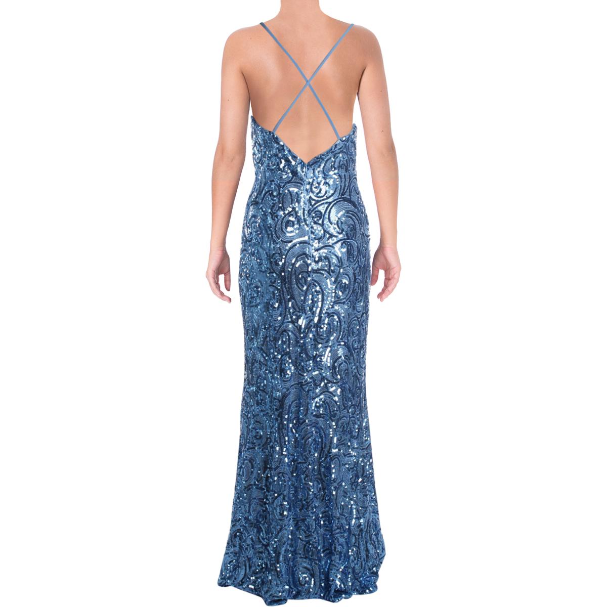 NW Nightway Womens Blue Sequined V-Neck Formal Evening Dress Gown 10 ...
