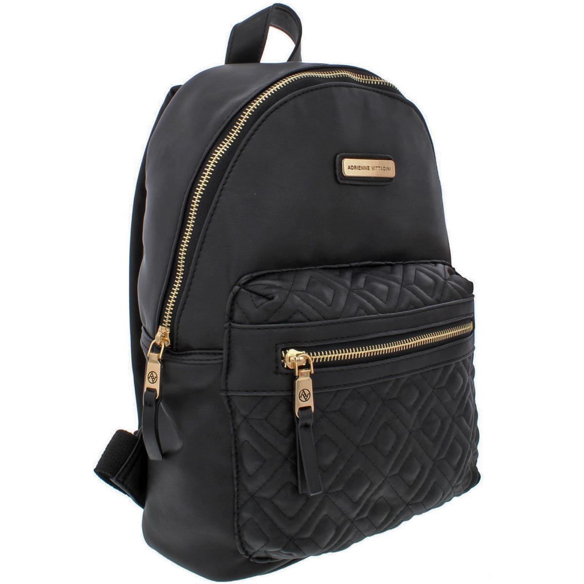 Adrienne Vittadini Womens Black Quilted Faux Leather Backpack Medium ...
