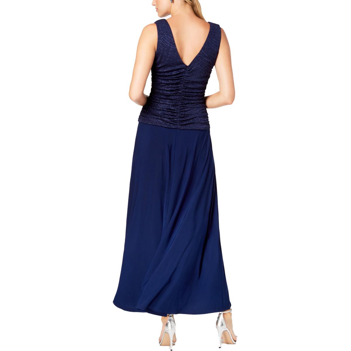 R M Richards Womens Navy Metallic Evening Dress Gown Petites 12p Bhfo