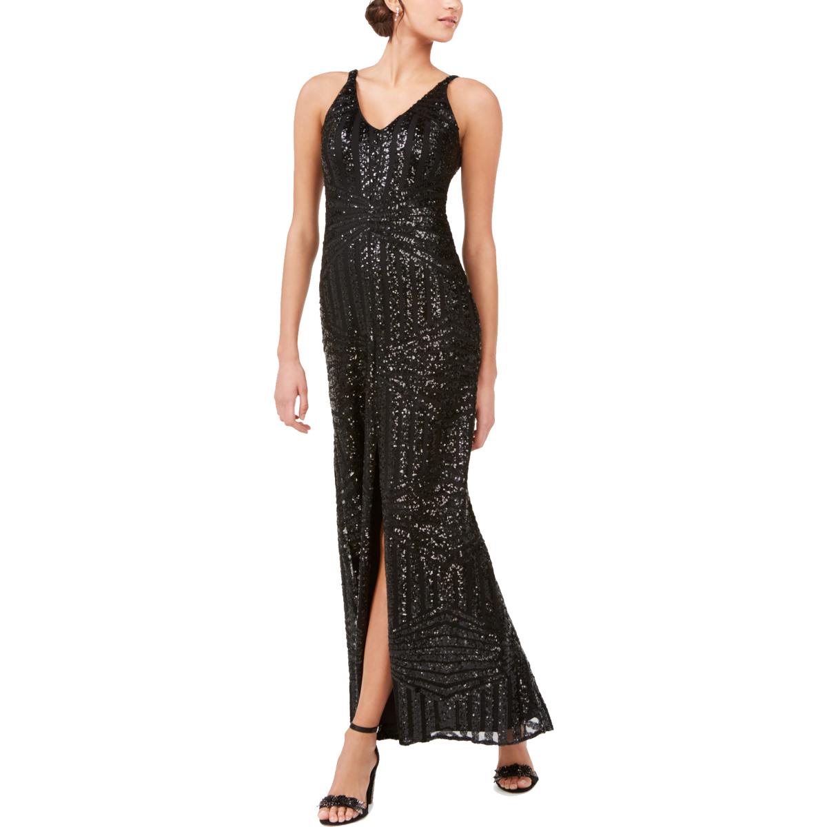 NW Nightway Womens Black Sequined Double V Evening Formal Dress Gown 6