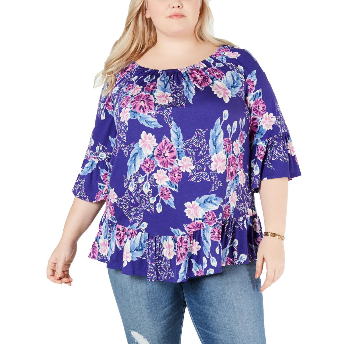Style & Co. Womens Purple Floral Print Shirt Blouse Top Plus 1X BHFO ...