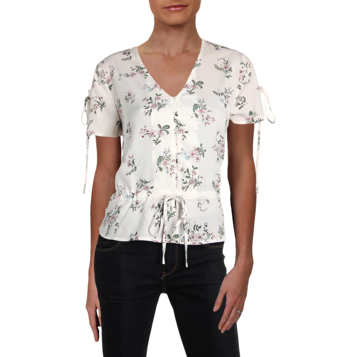 Aqua Womens White Satin Floral Print V Neck Blouse Top S Bhfo Ebay