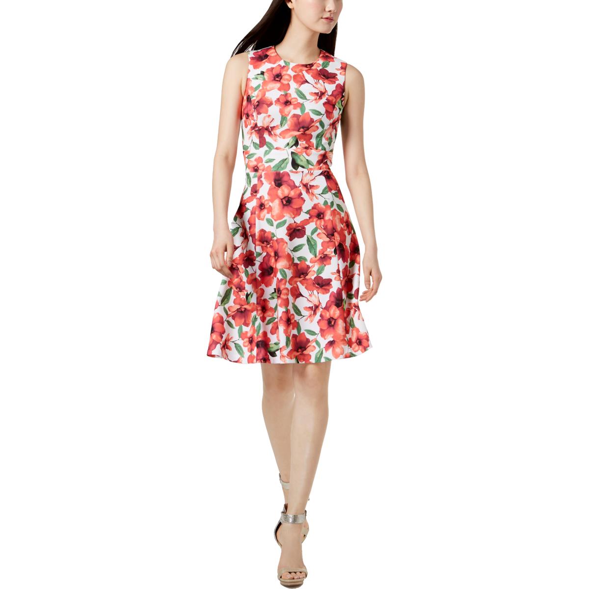 Calvin Klein Womens Red Floral Print A-Line Party Cocktail Dress 14 ...