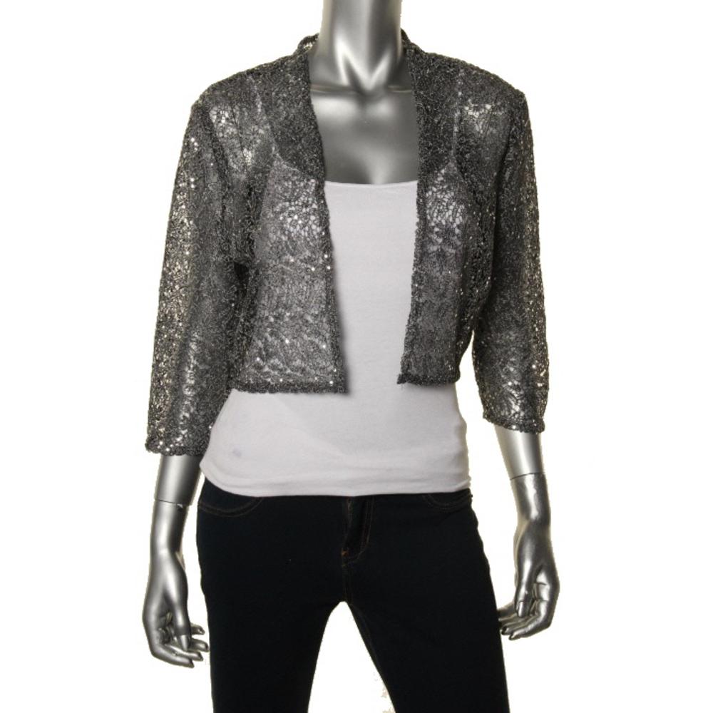 R M Richards 1907 NEW Womens Silver Lace Metallic Sequined Shrug TOP L ...