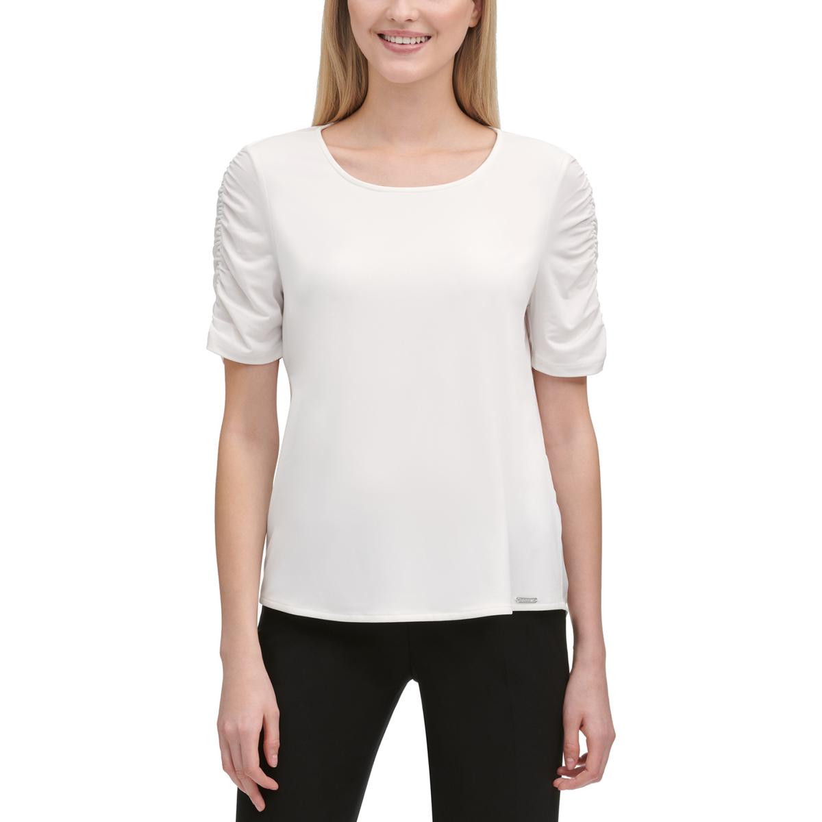 Calvin Klein Womens White Short Sleeve Ruched Scoop Neck Blouse Top M ...