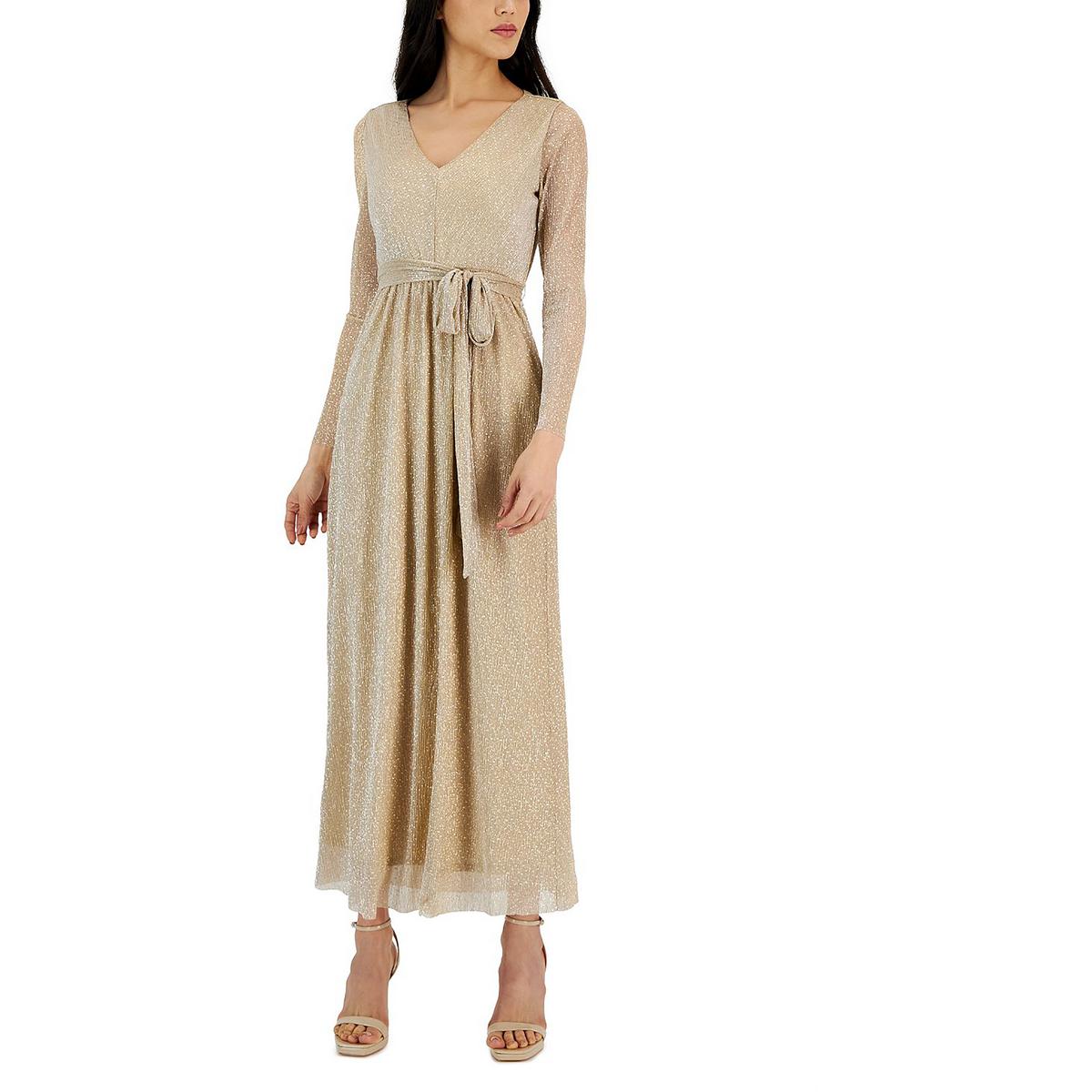 アンクライン Anne Klein Womens Gold Metallic Pleated V Neck