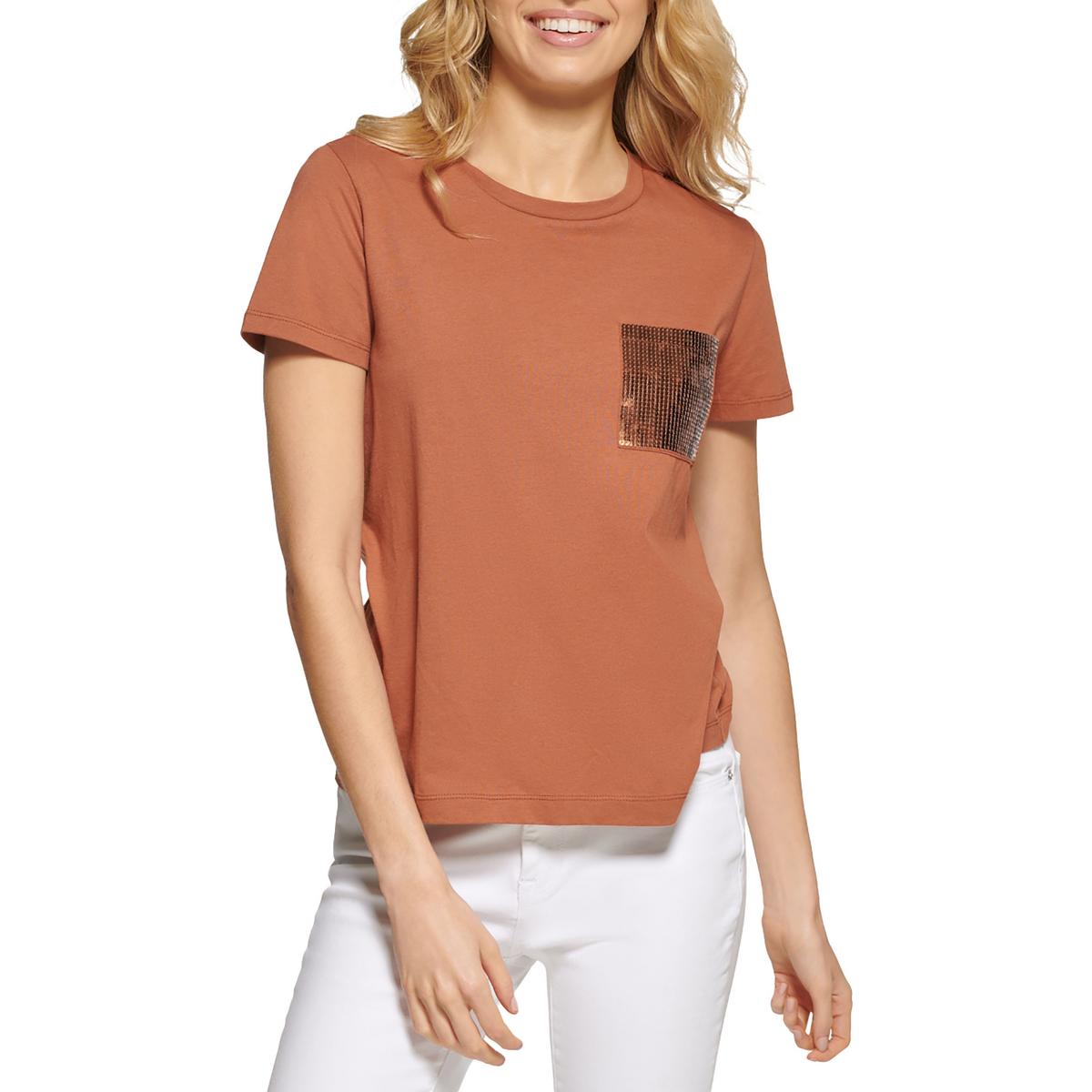 DKNY Womens Pocket Sequined Tee T-Shirt Top BHFO 0686