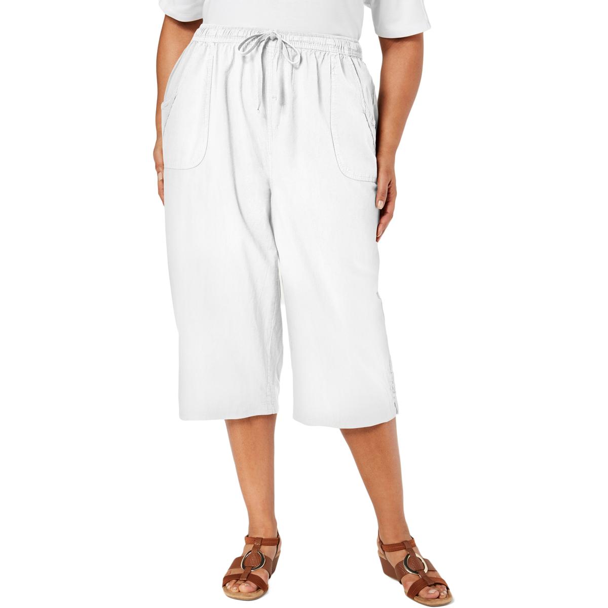 Karen Scott Womens Kiera White Cotton Split Hem Capri Pants Plus 2X ...