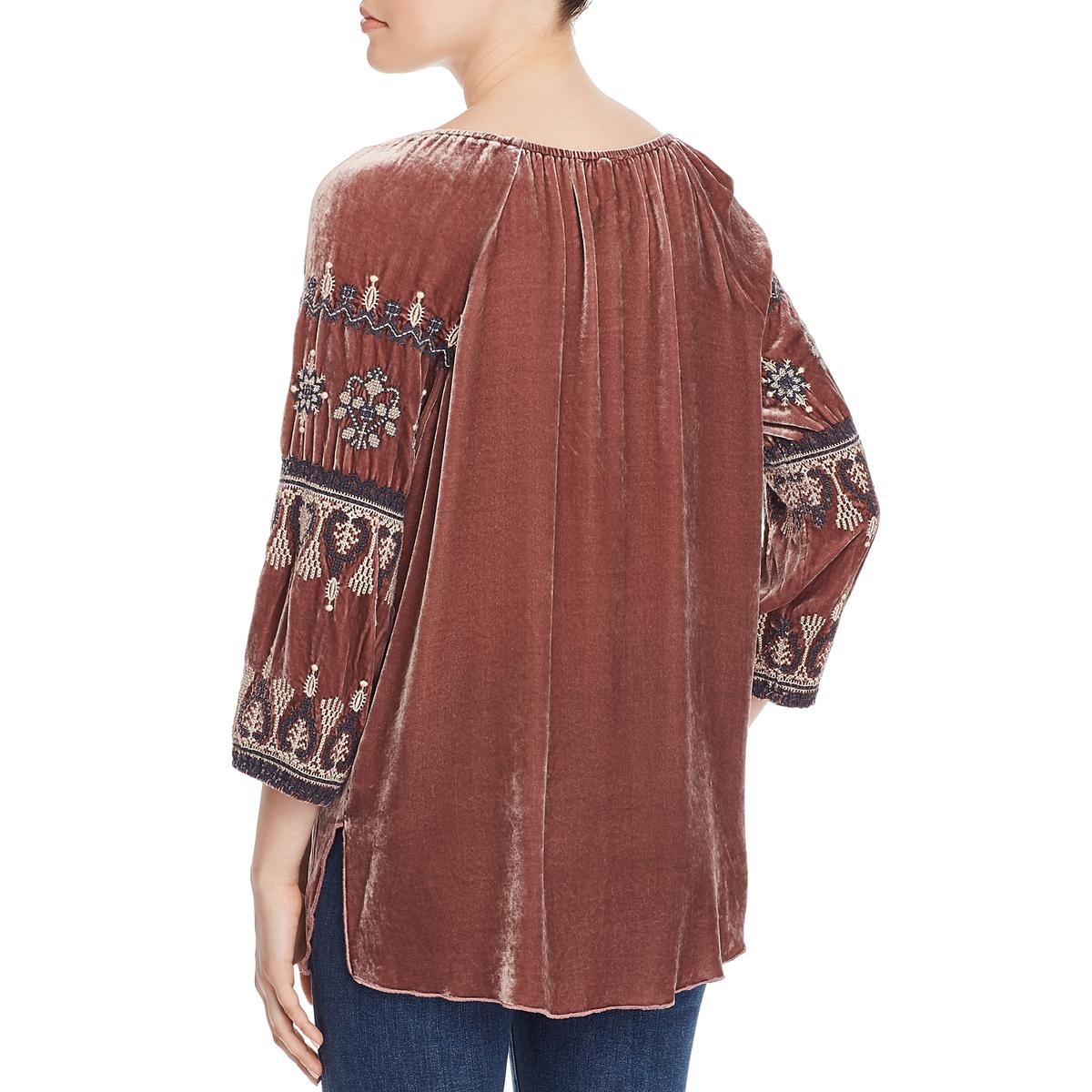 Johnny Was Womens Brown Velvet Embroided Blouse Peasant Top Shirt XS ...