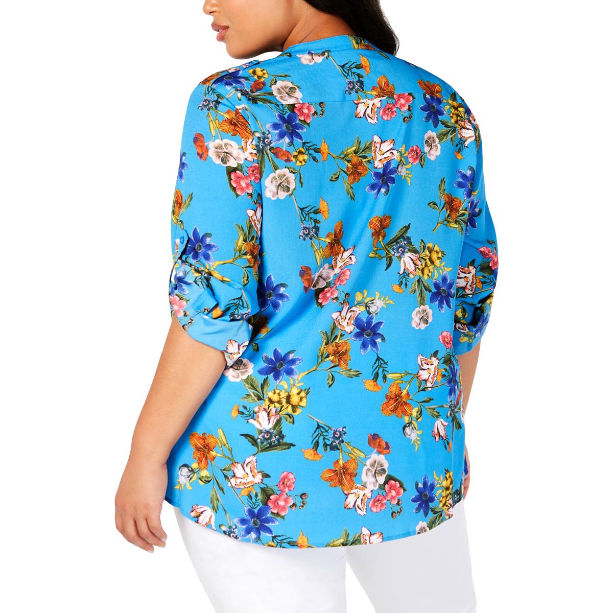 Calvin Klein Womens Blue Floral Print Button-Down Top Shirt Plus 2X ...