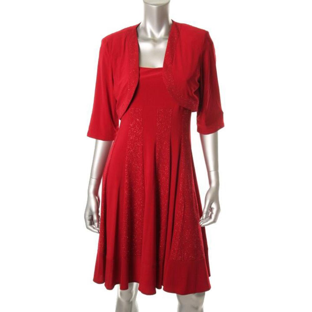 R & M Richards NEW Red Glitter Matte Jersey Dress With Jacket 16 BHFO