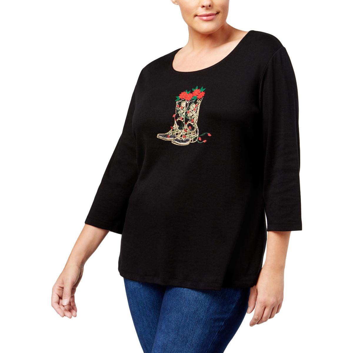 Karen Scott Womens Black 3/4 Sleeve Floral Christmas Top Shirt Plus 2X ...
