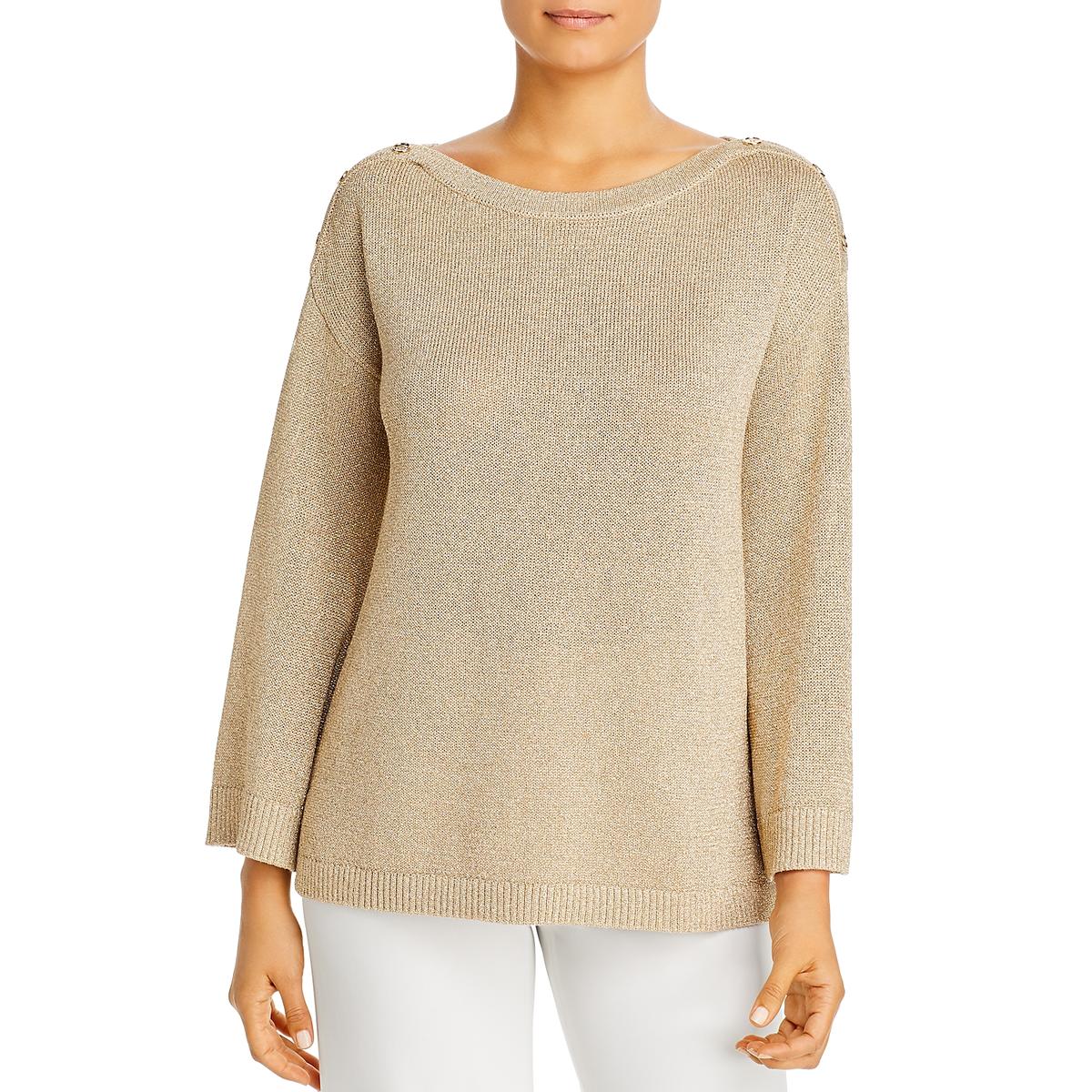 Calvin Klein Womens Gold Metallic Button Shoulder Sweater Top S BHFO ...
