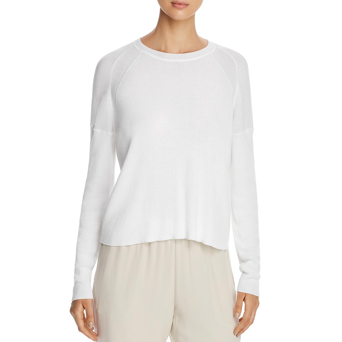 Eileen Fisher Womens White Tencel Ribbed Shirt Pullover Top Blouse S
