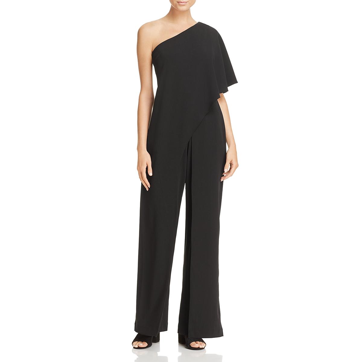 Adrianna Papell Womens Black One Shoulder Draped Jumpsuit Petites