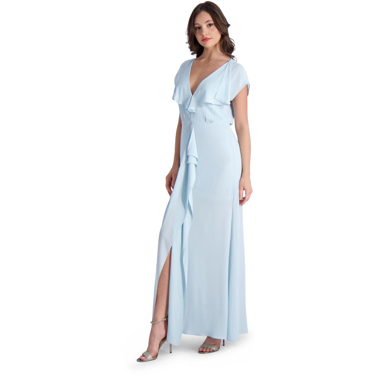 BCBGMAXAZRIA Evette Women’s Ruffled Chiffon V-Neck Gown with Front Slit - Picture 12 of 18