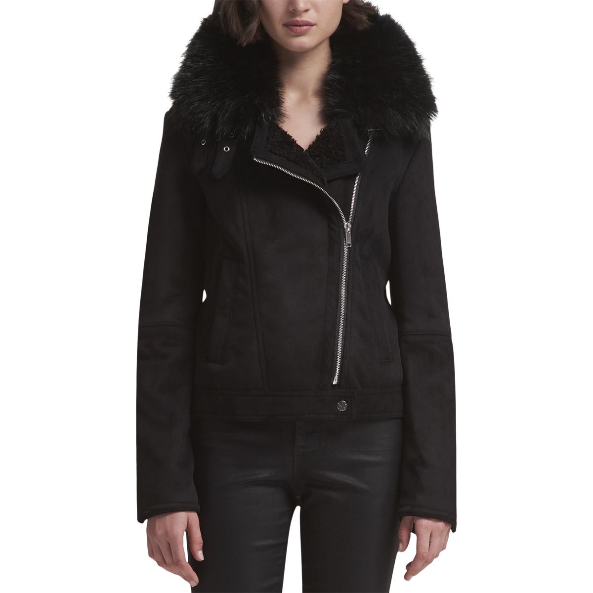 DKNY Womens Black Winter Faux Fur Collar Motorcycle Jacket Outerwear L ...