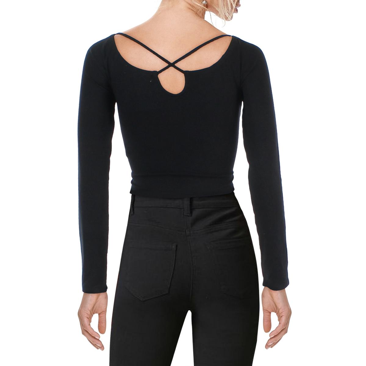 ALMOST FAMOUS Womens Black Stretch Ruched Tie Long Sleeve Jewel