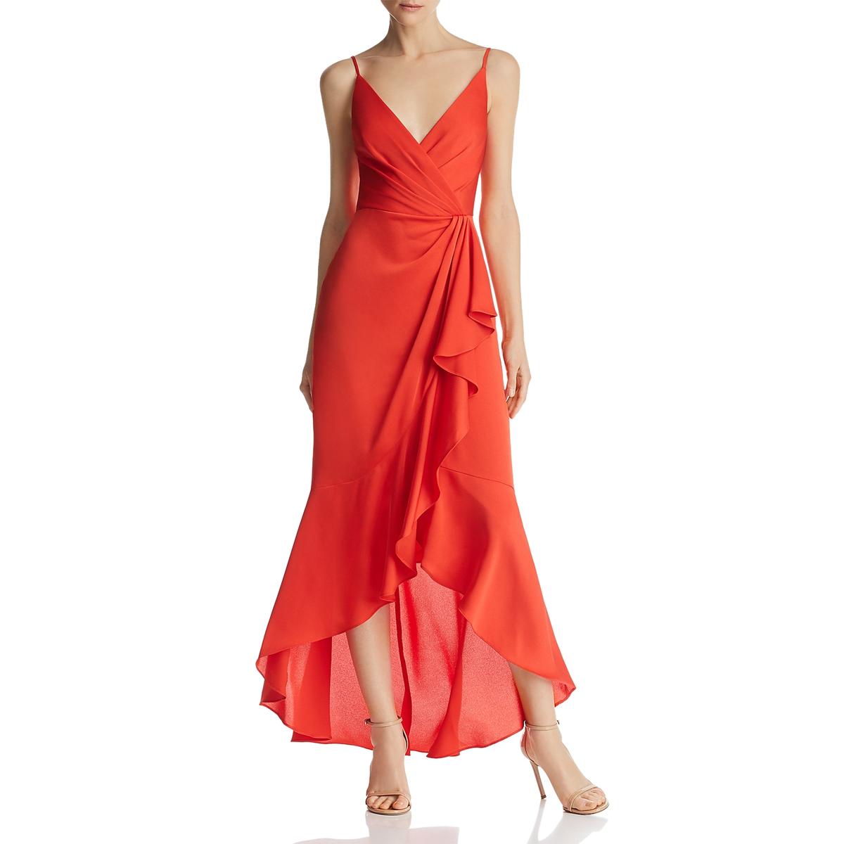 BCBG Max Azria Womens Red Satin Faux-Wrap Hi-Low Evening Dress Gown 12 ...