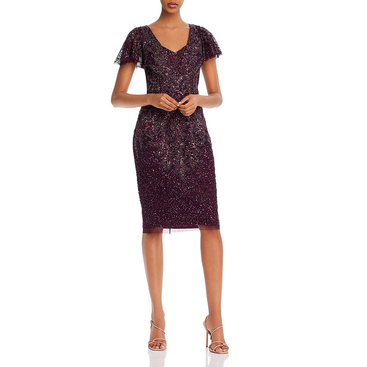 Adrianna Papell Womens Purple Beaded V-neck Cocktail Dress 0 Bhfo 4102 