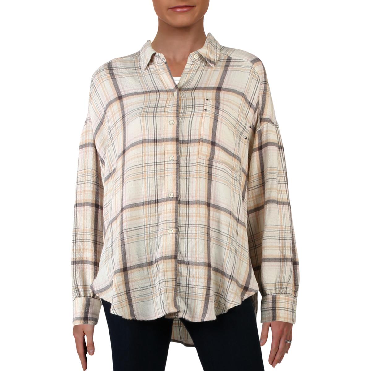 We The Free Womens Ivory Plaid Hi-Low Blouse Button-Down Top Shirt XS ...