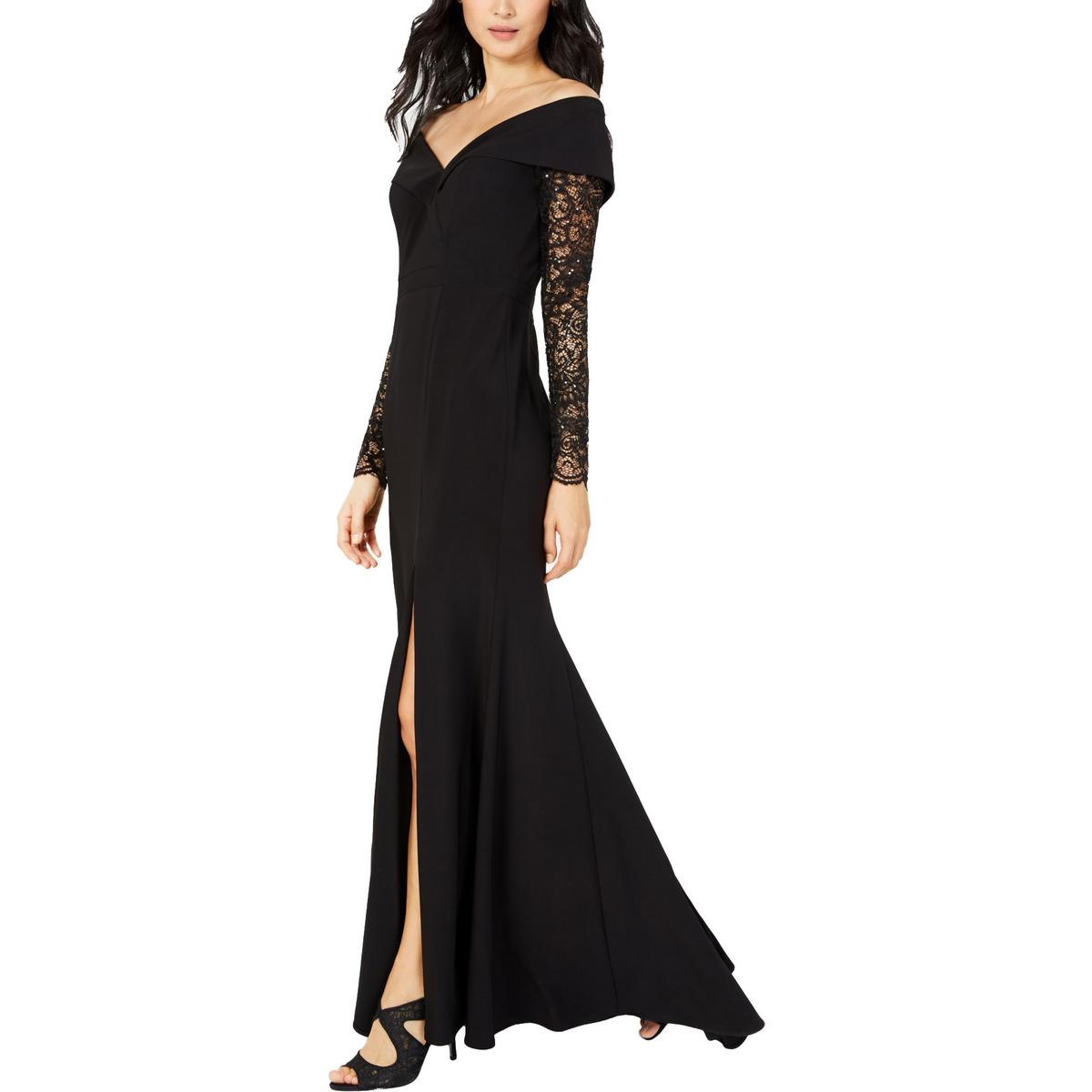 Xscape Womens Black Lace Sleeves Off-The-Shoulder Formal Dress Gown 8 ...