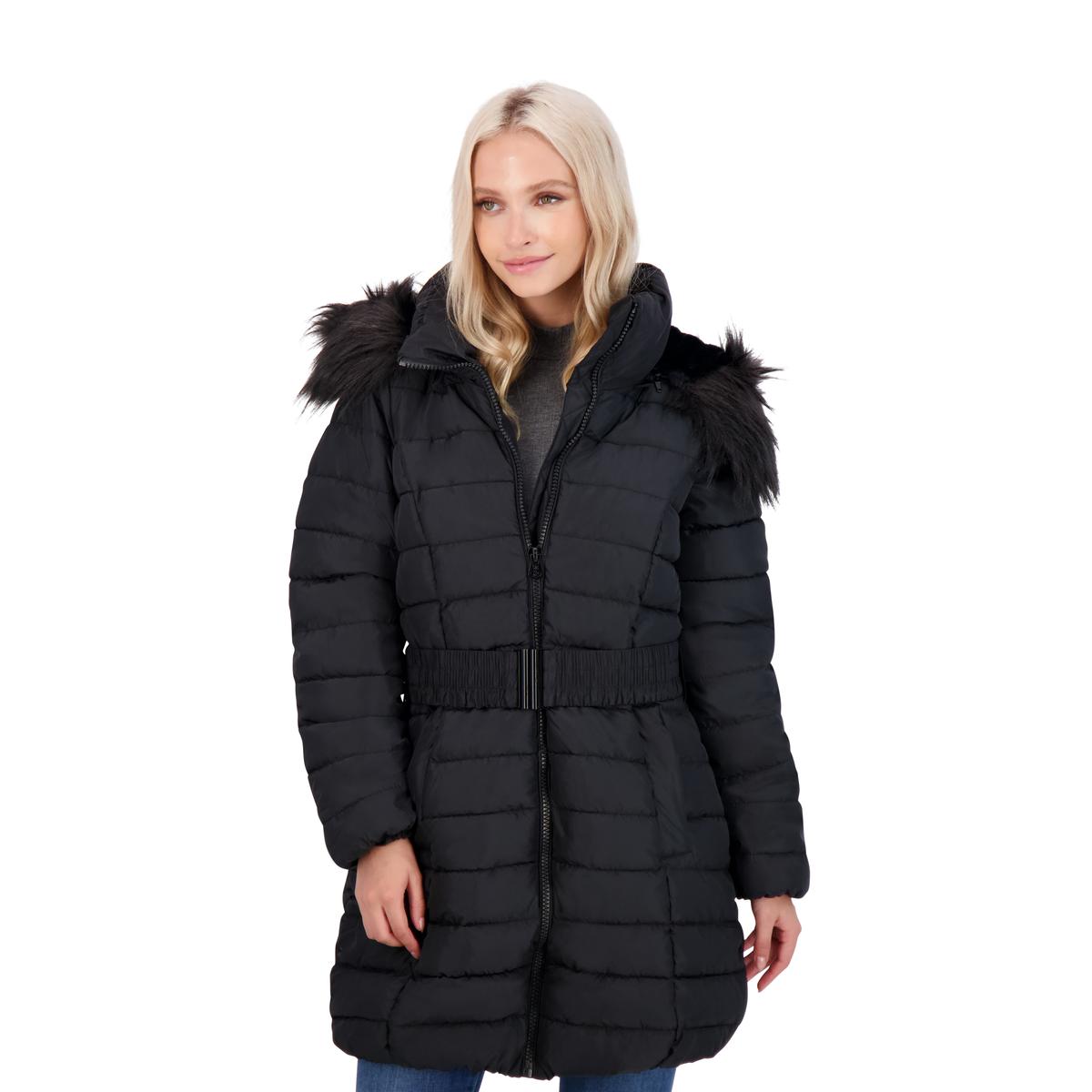 womens mid length black puffer coat