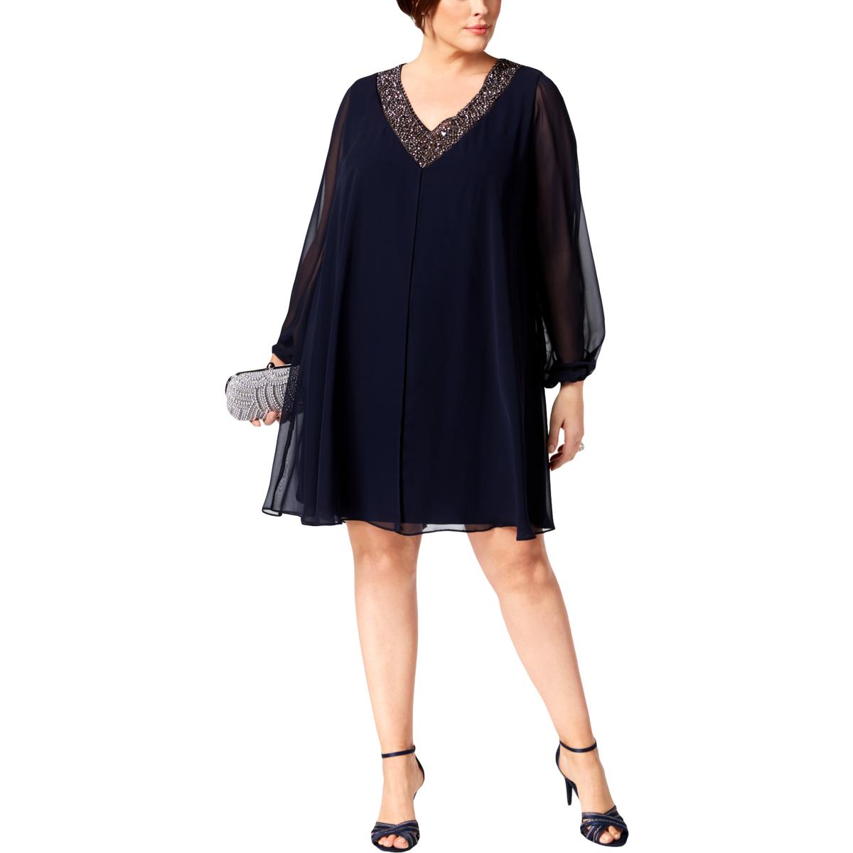 Betsy & Adam Womens Navy Beaded V-Neck Cocktail Party Dress Plus 18W ...