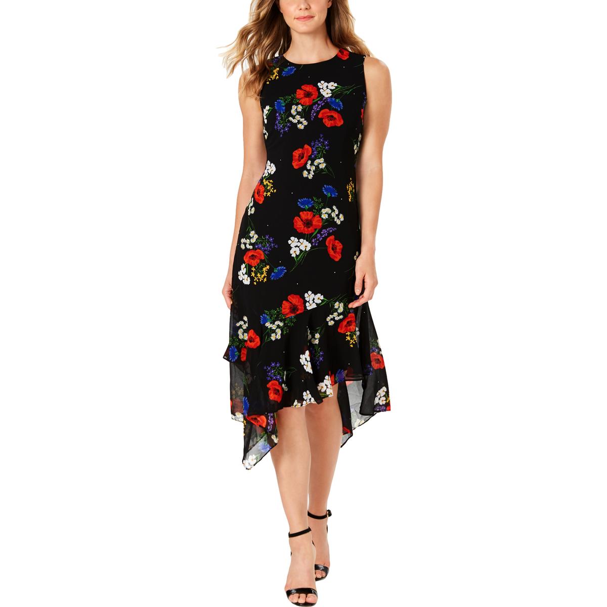 Calvin Klein Womens Black Floral Print Ruffled Sleeveless Midi Dress 4 ...