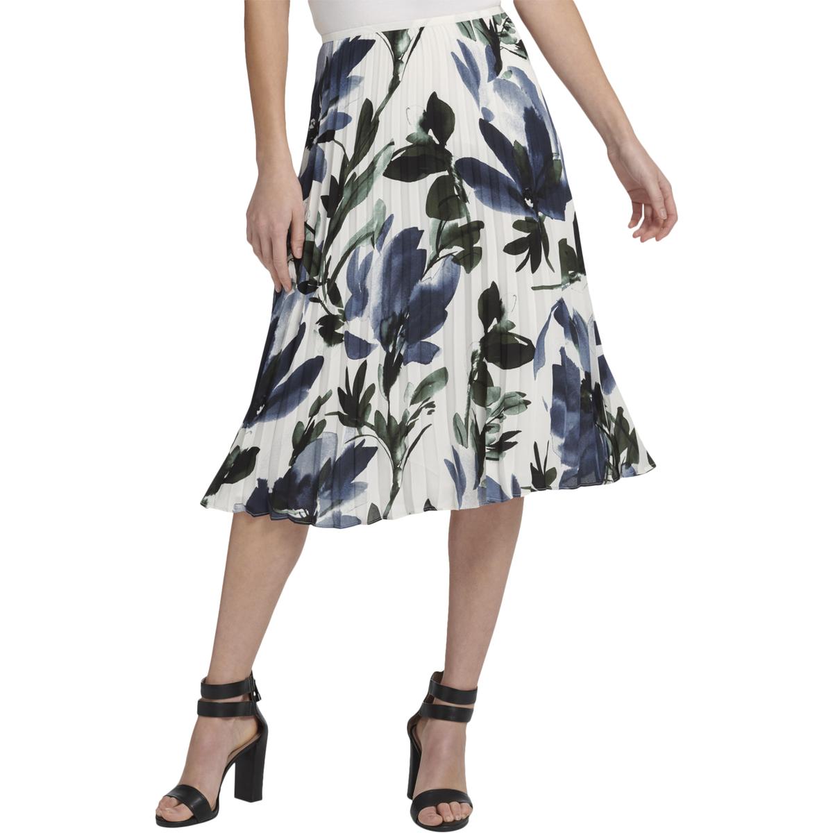 DKNY Womens White Floral Pleated Midi A-Line Skirt 10 BHFO 8207 | eBay