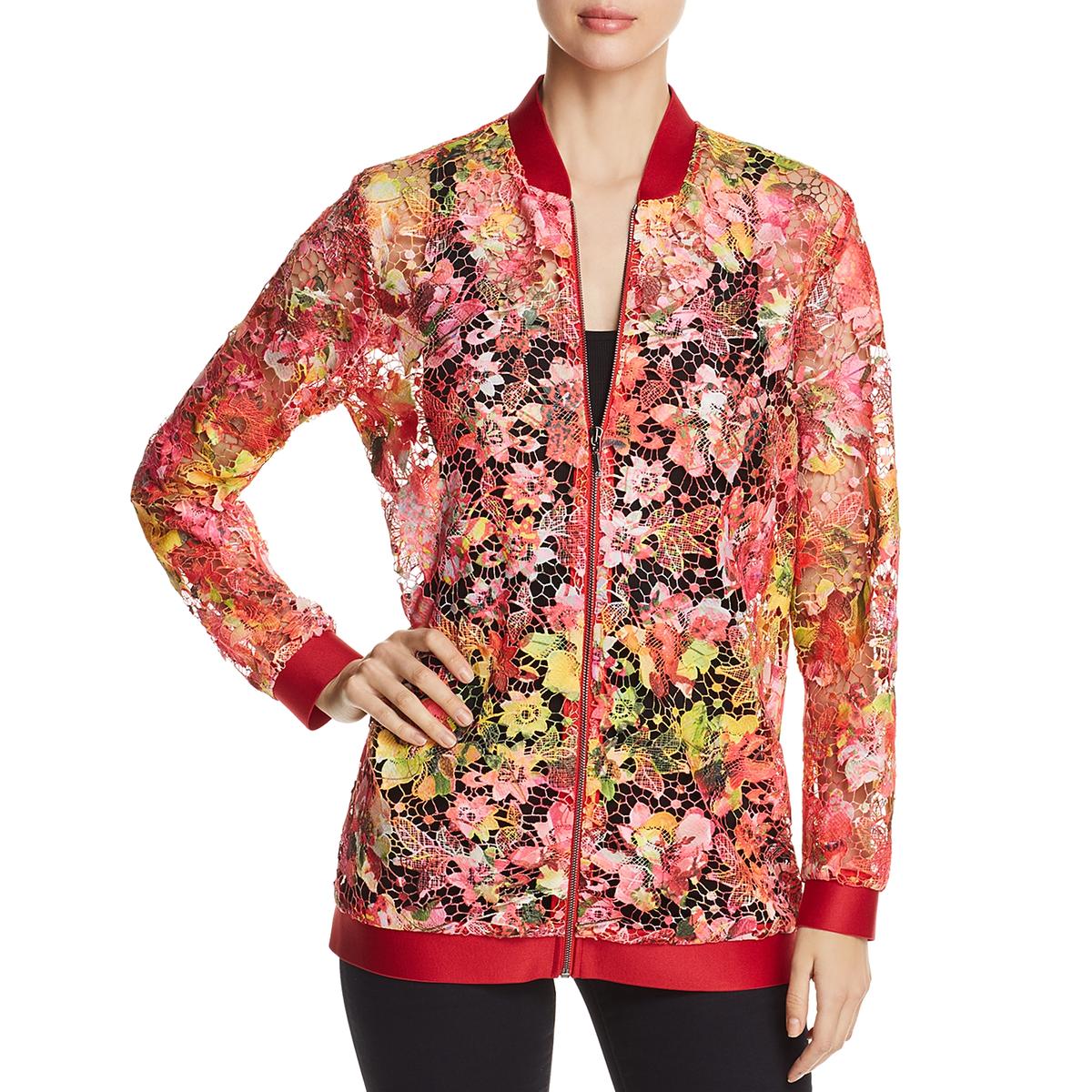 T Tahari Womens Gale Orange Lace Floral Print Sheer Jacket L BHFO 3077