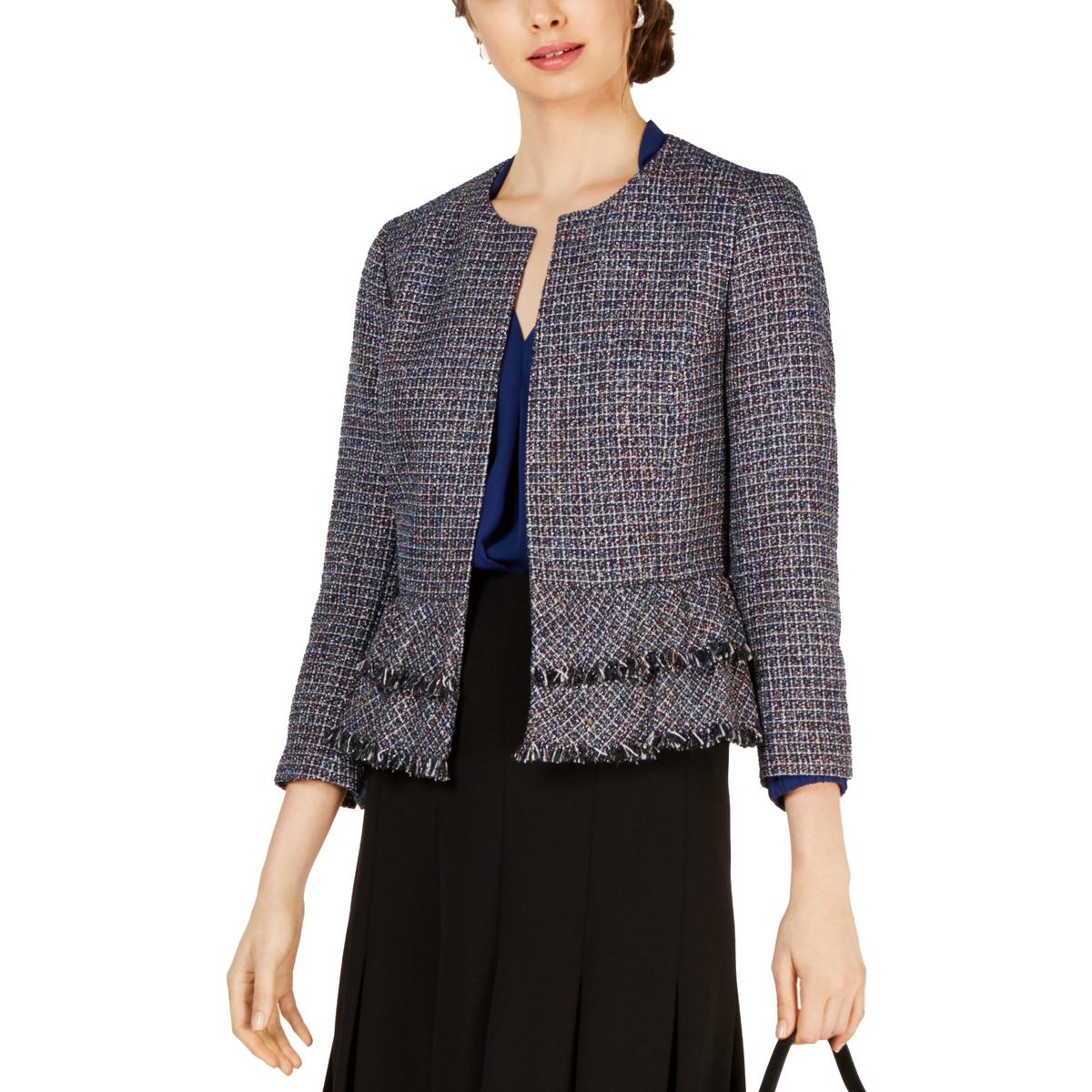 Nine West Womens Navy Jewel Neck Tweed Fringe Hem Jacket Top 14 BHFO ...