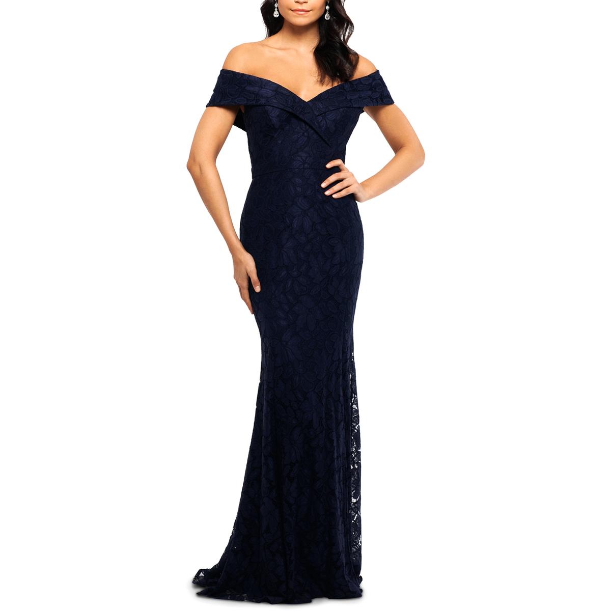 Xscape Womens Navy Off-The-Shoulder Asymmetrical Evening Dress