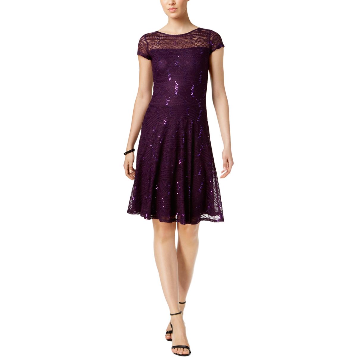 Sangria Womens Purple Sequined Short Sleeves Cocktail Dress Petites 6P ...
