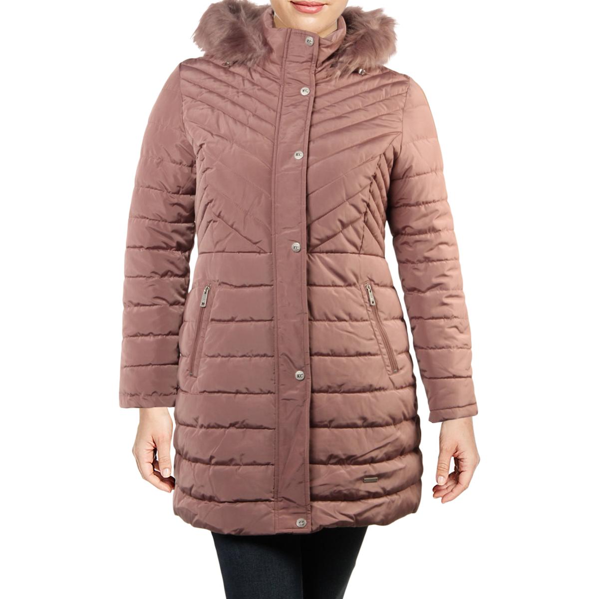 women's chevron faux fur trim hooded down puffer coat