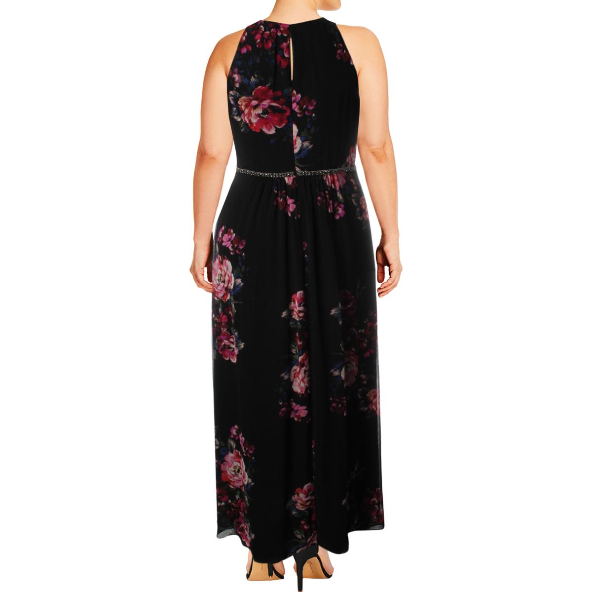 SLNY Womens Black Floral Print Embellished Sleeveless Maxi Dress 14 ...