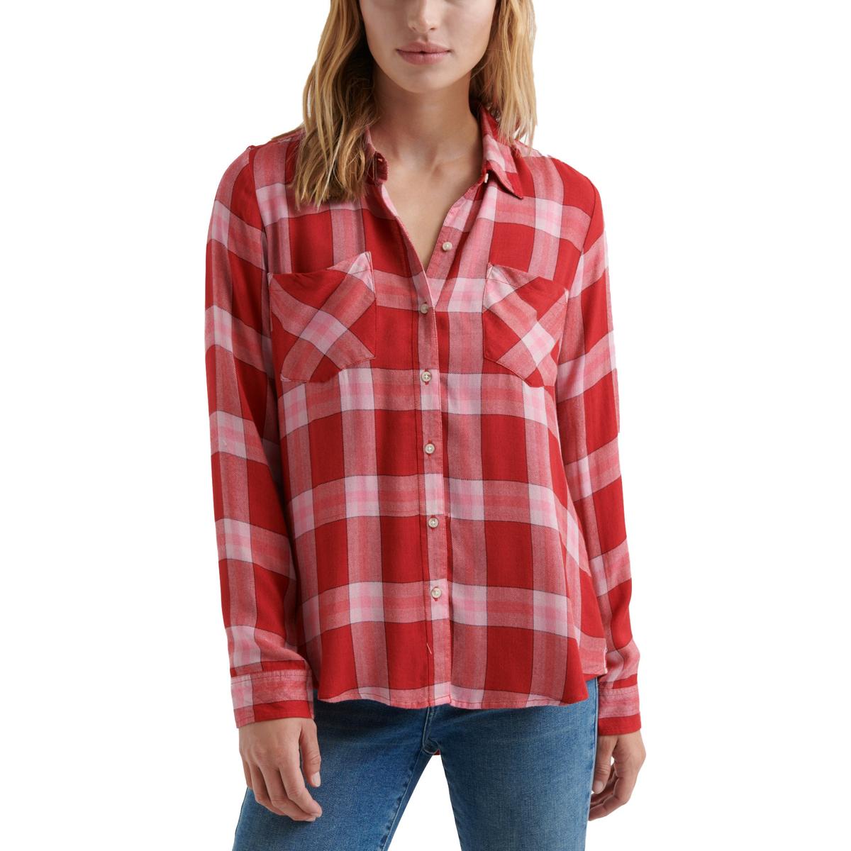 Lucky Brand Womens Red Plaid Collared Casual Button-Down Top Shirt M ...