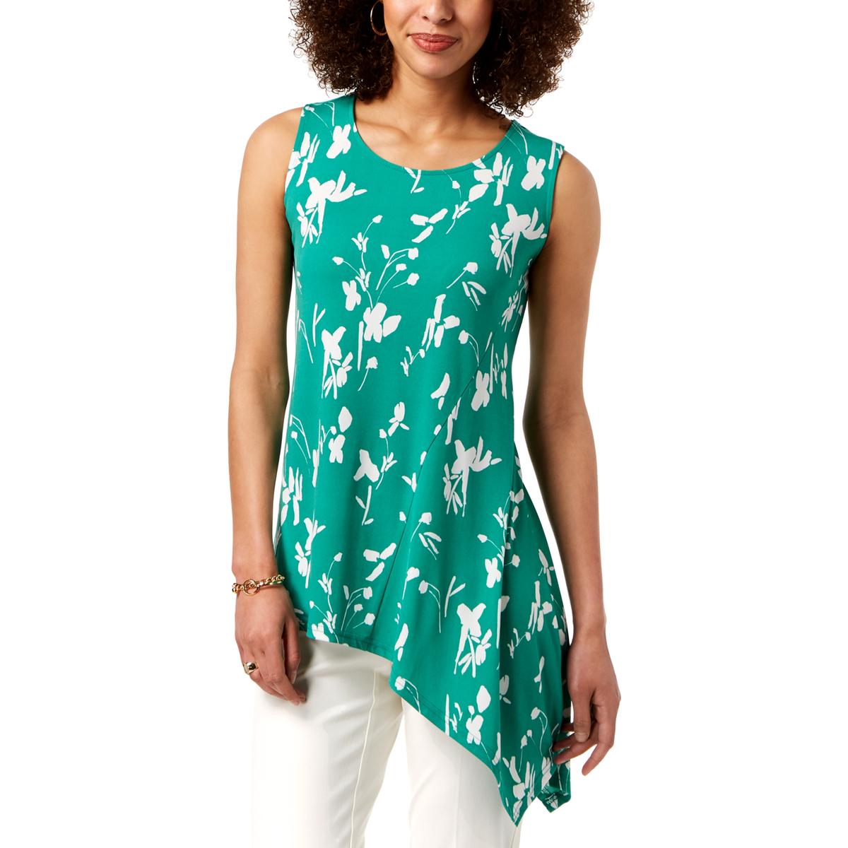 Alfani Womens Green Floral Print Asymmetrical Pullover Top Petites PM