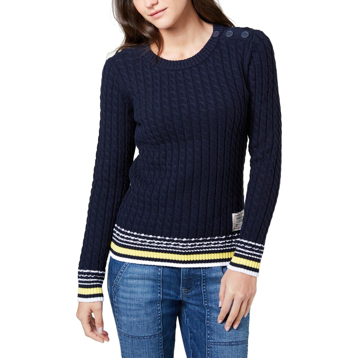 Tommy Hilfiger Womens Navy Cable Knit Striped Crewneck Sweater XL BHFO ...
