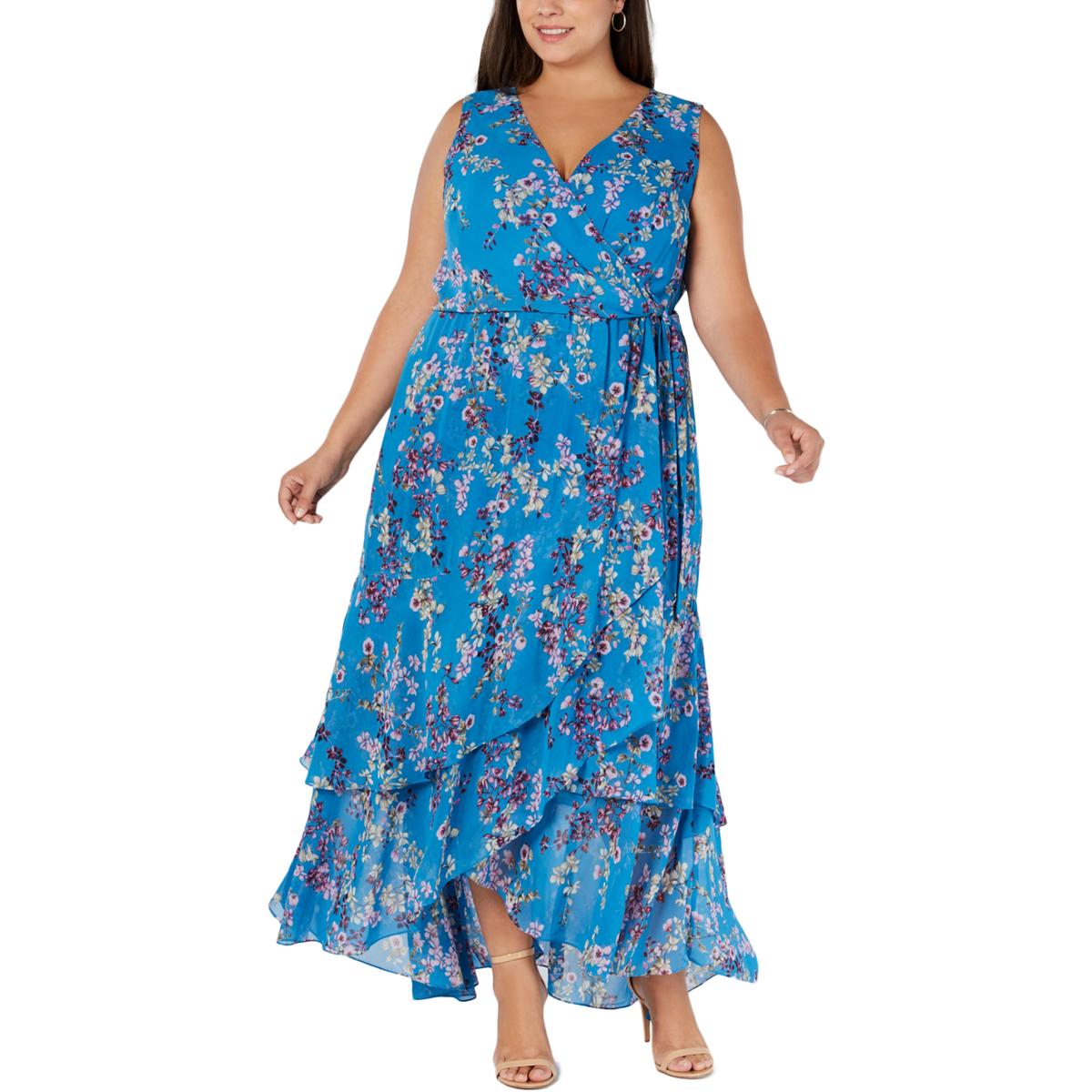 INC Womens Blue Floral Sleeveless Faux-Wrap Maxi Dress Plus 16W BHFO ...