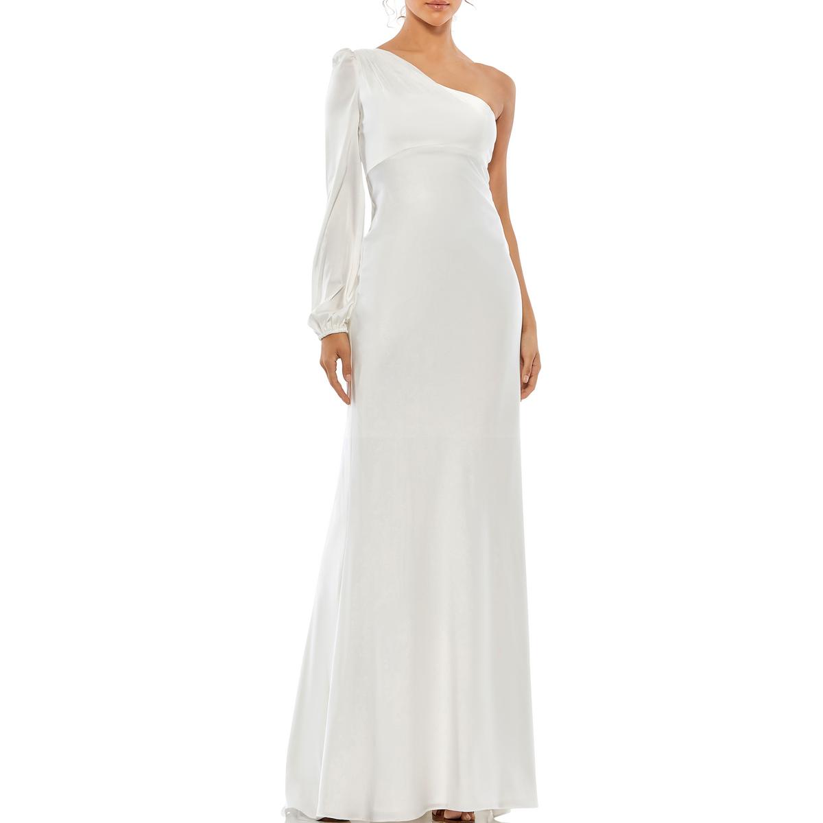 Pre-owned Mac Duggal Ieena For  Womens One Shoulder Long Evening Dress Gown Bhfo 4792 In White