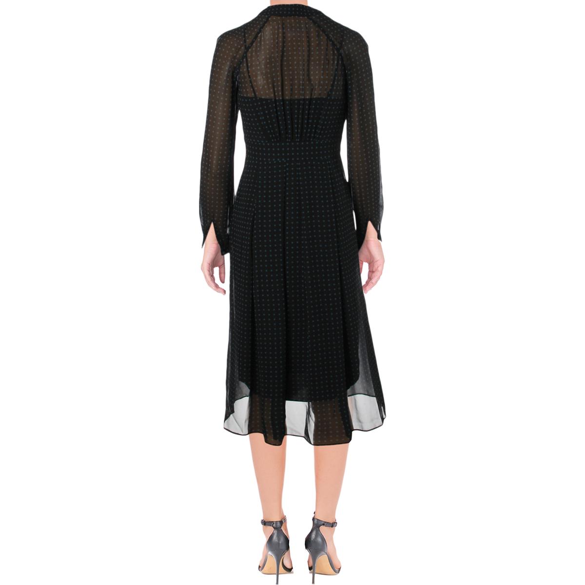 Anne Klein Womens Black Polka Dot Shirred Pleated Midi Dress 0 BHFO