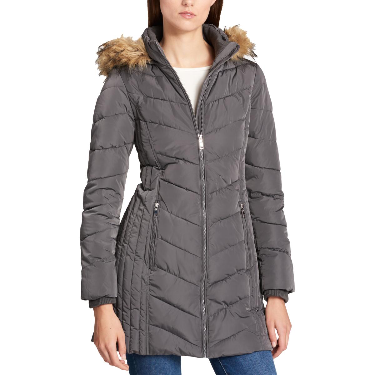 women's chevron faux fur trim hooded down puffer coat