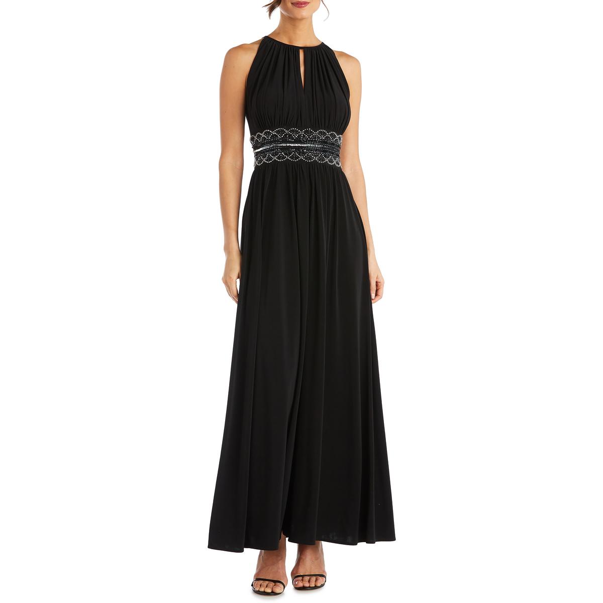 R&M Richards Women's Embellished Front Slit Gathered Halter Dress