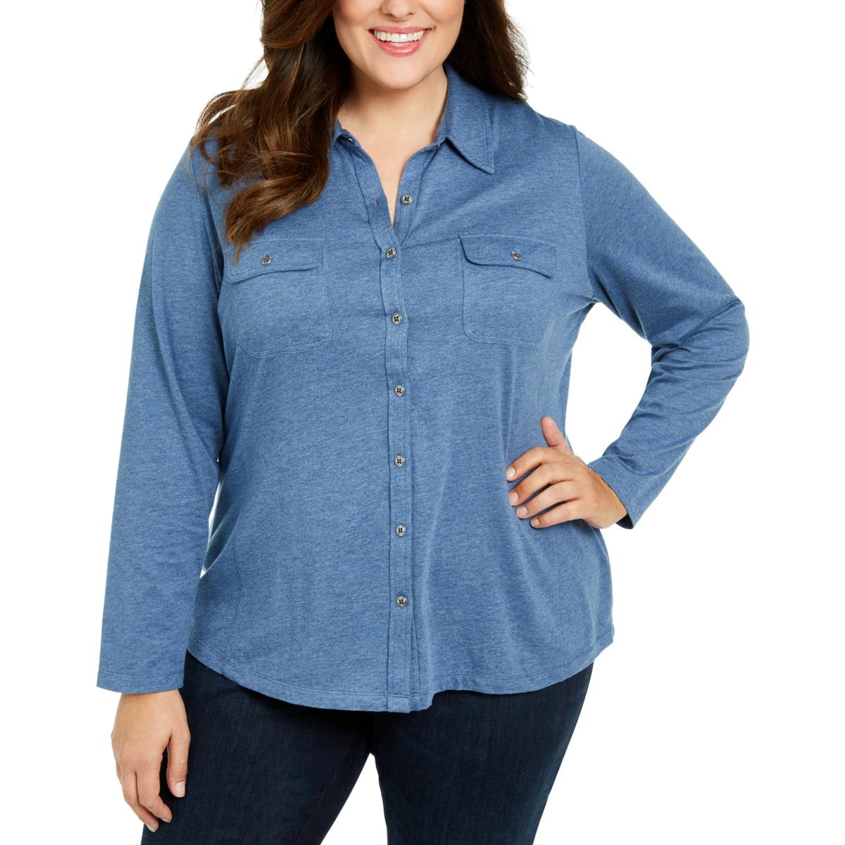 Karen Scott Womens Blue Cotton Stretch Button-Down Top Shirt Plus 1X ...
