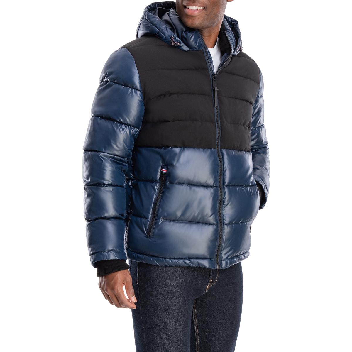 London Fog Men's Mixed Media Insulated Puffer Jacket with Attached Hood