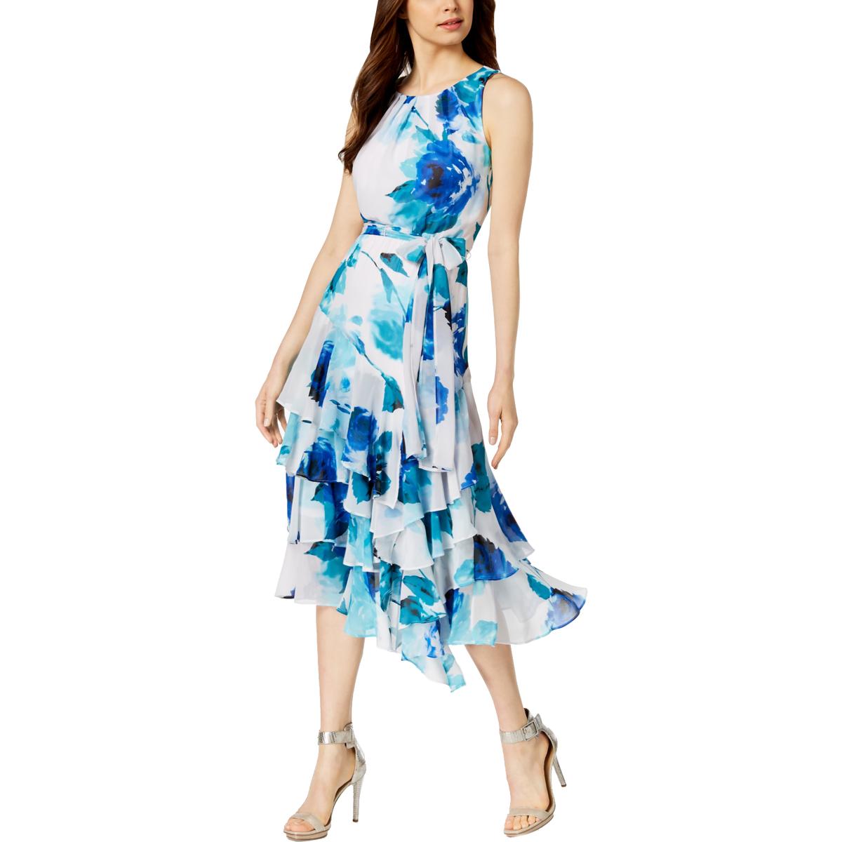 Calvin Klein Womens White Printed Tiered Special Occasion Midi Dress 8