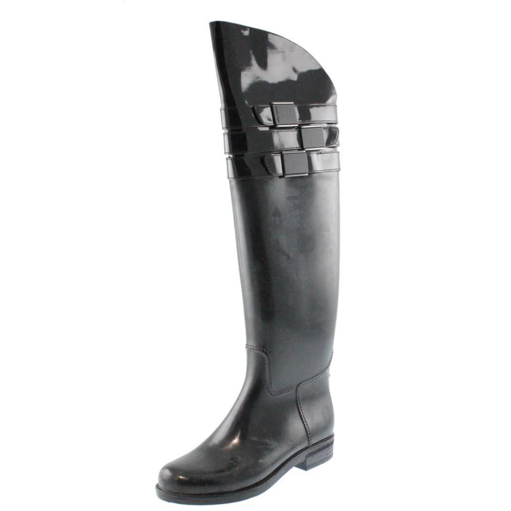 Calvin Klein New Ava Black Patent Belted Over The Knee Rain Boots Shoes