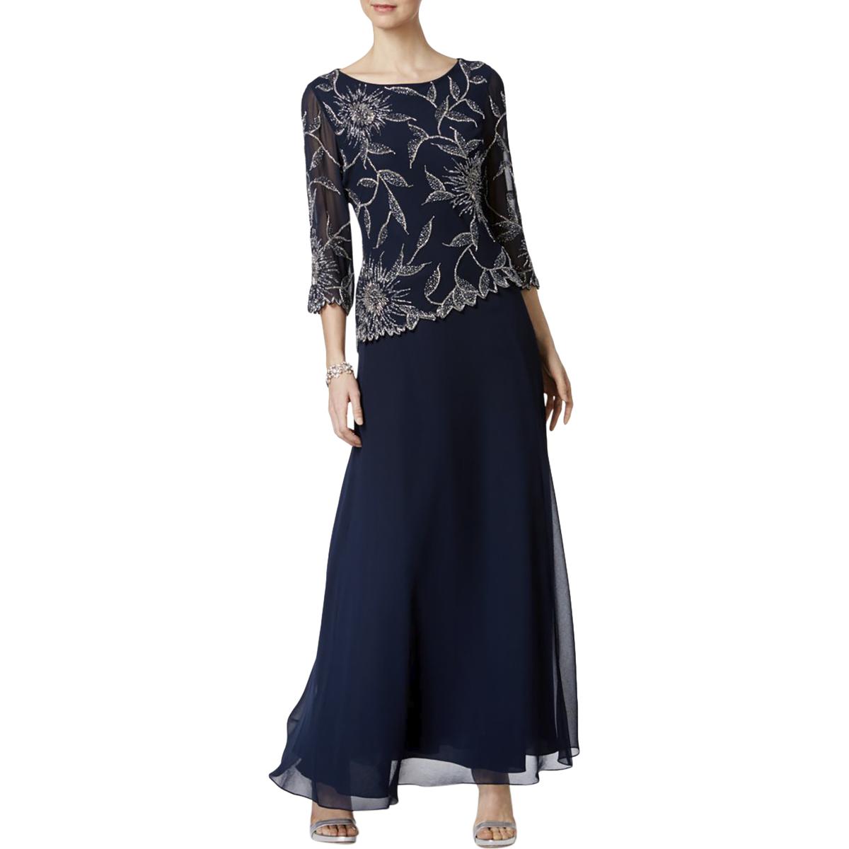 J Kara Womens Navy 3/4 Sleeves Full-Length Evening Dress Gown 6 BHFO ...